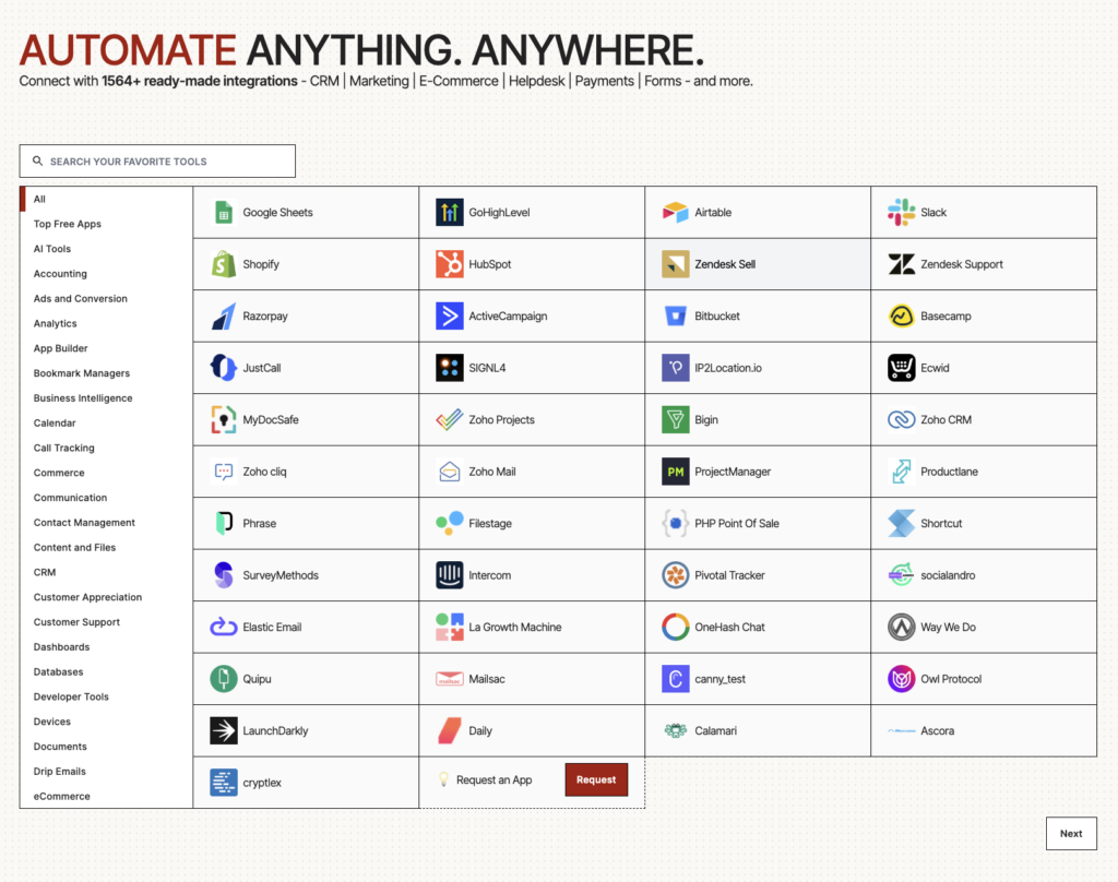 A grid of software app logos and names for integration, including Google Sheets, Shopify, Slack, HubSpot, Asana, Zendesk Support, and others, with a search bar above.